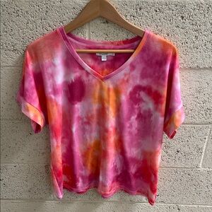 Chico's Pink and Orange Tie-Dye V-Neck Short Sleeve Top